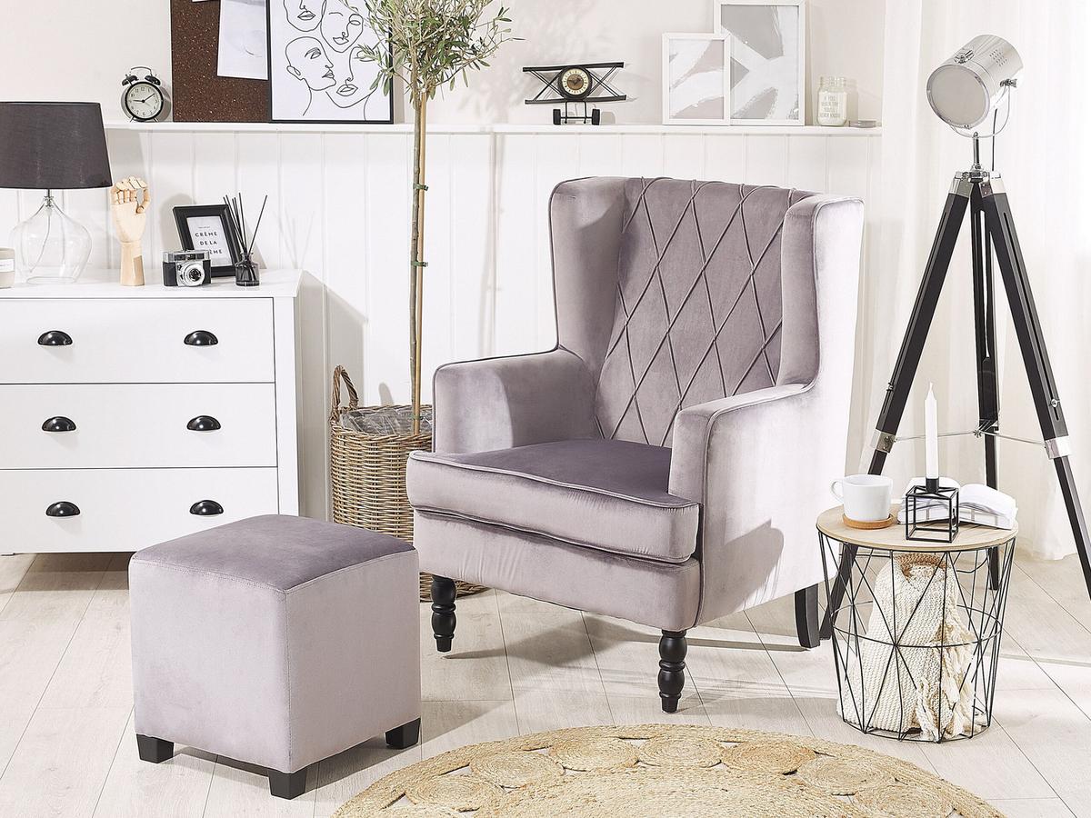 SESSEL Samtstoff grau plus Hocker Sandset - Grau, Textil (72/101/75cm) - Beliani