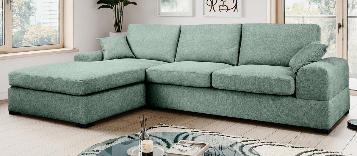 SOFA petrol Strukturstoff 308 cm, Ecksofa 5-Sitzer, L-Sofa Ottomane links - Petrol/Schwarz, Holz/Textil (308/186cm) - Inn.Furn