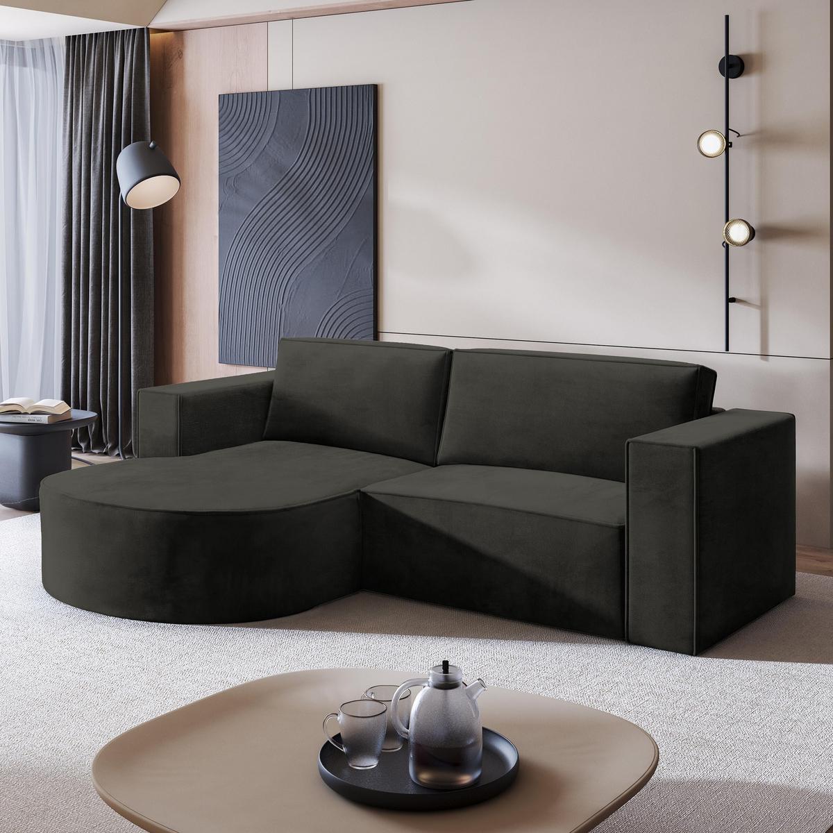 ECKSOFA SORELA M L-S Schwarz Velours-Stoff mit Schlaffunktion - Schwarz, Holz (263/174cm) - MASSENO