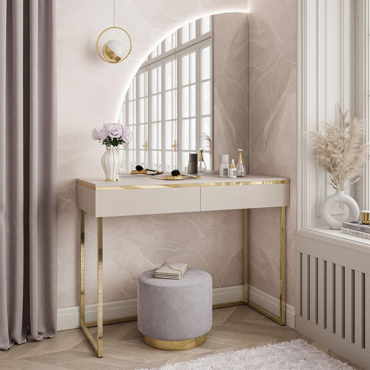 SCHMINKTISCH AURORA-Q GOLD auf goldenem Gestell mit links Spiegel - Kaschmir/Goldfarben, Holzwerkstoff/Metall (102/174/44cm) - Lookway