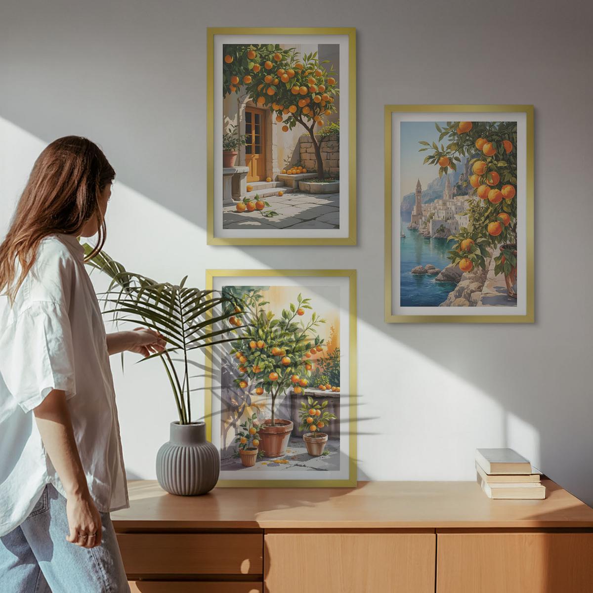 BILDER SET 3er Set - 40x60 cm Goldrahmen - Gemalte Zitruslandschaften - Goldfarben, Kunststoff (40/60cm) - TULUP