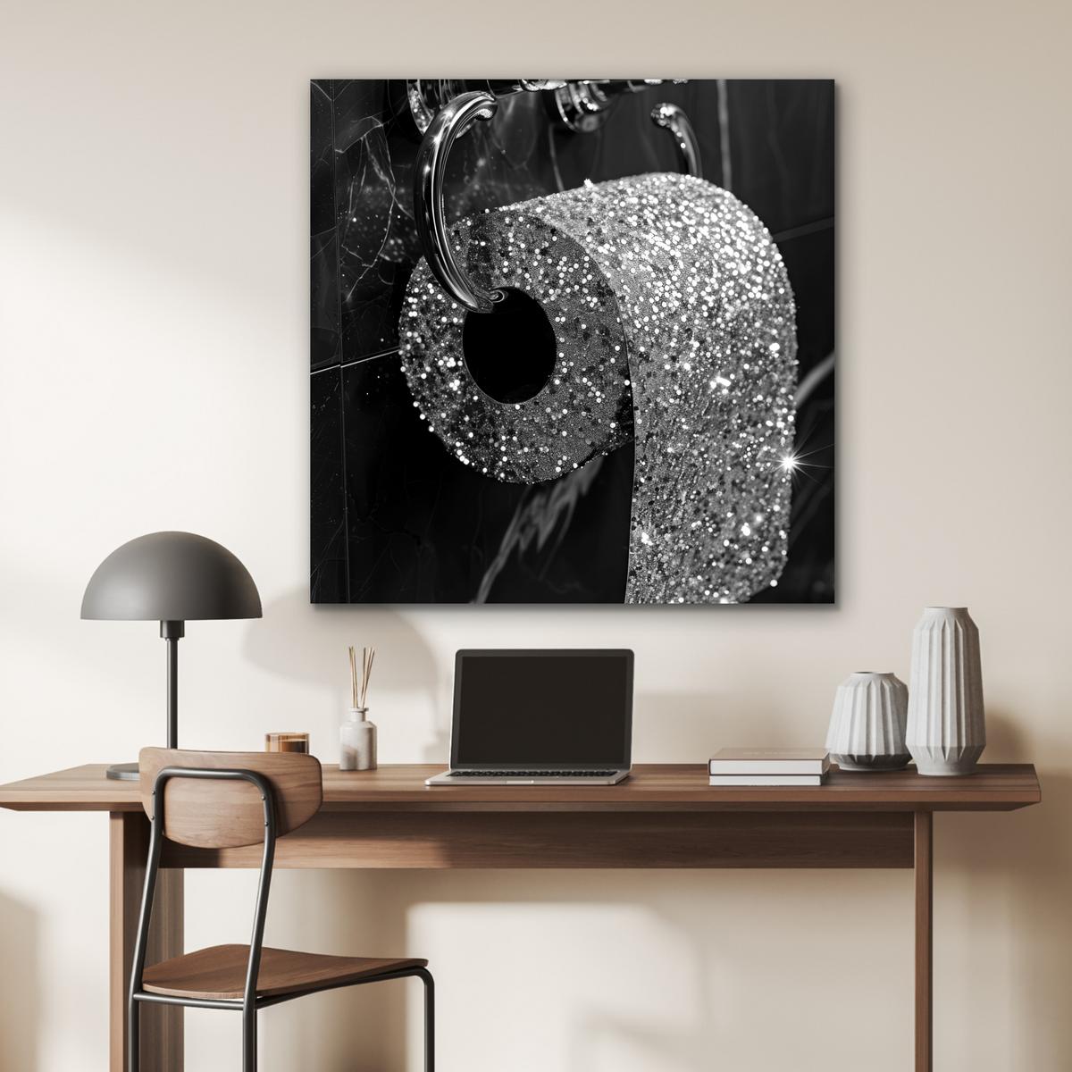 METALLBILD WC - Toilettenpapier - Schwarz und weiß - Glitter 90x90 cm - Silberfarben, Metall (90/90cm) - MuchoWow