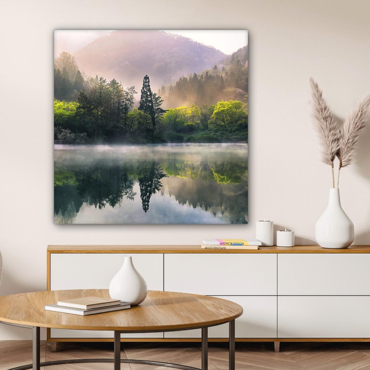 LEINWANDBILD Natur - Bäume - Berge - See - Wasser Deko Groß 90x90 cm - Hellgrün, Textil (90/90cm) - MuchoWow