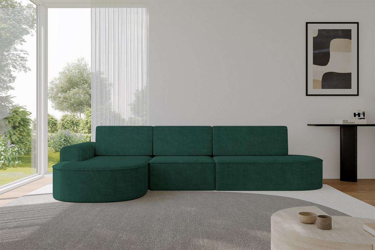 ECKSOFA mit Schlaffunktion Ottomane Links MARI L2-S 368X167X85 Grün Velours - Waldgrün/Schwarz, Holzwerkstoff/Kunststoff (368/167cm) - ALTDECOR