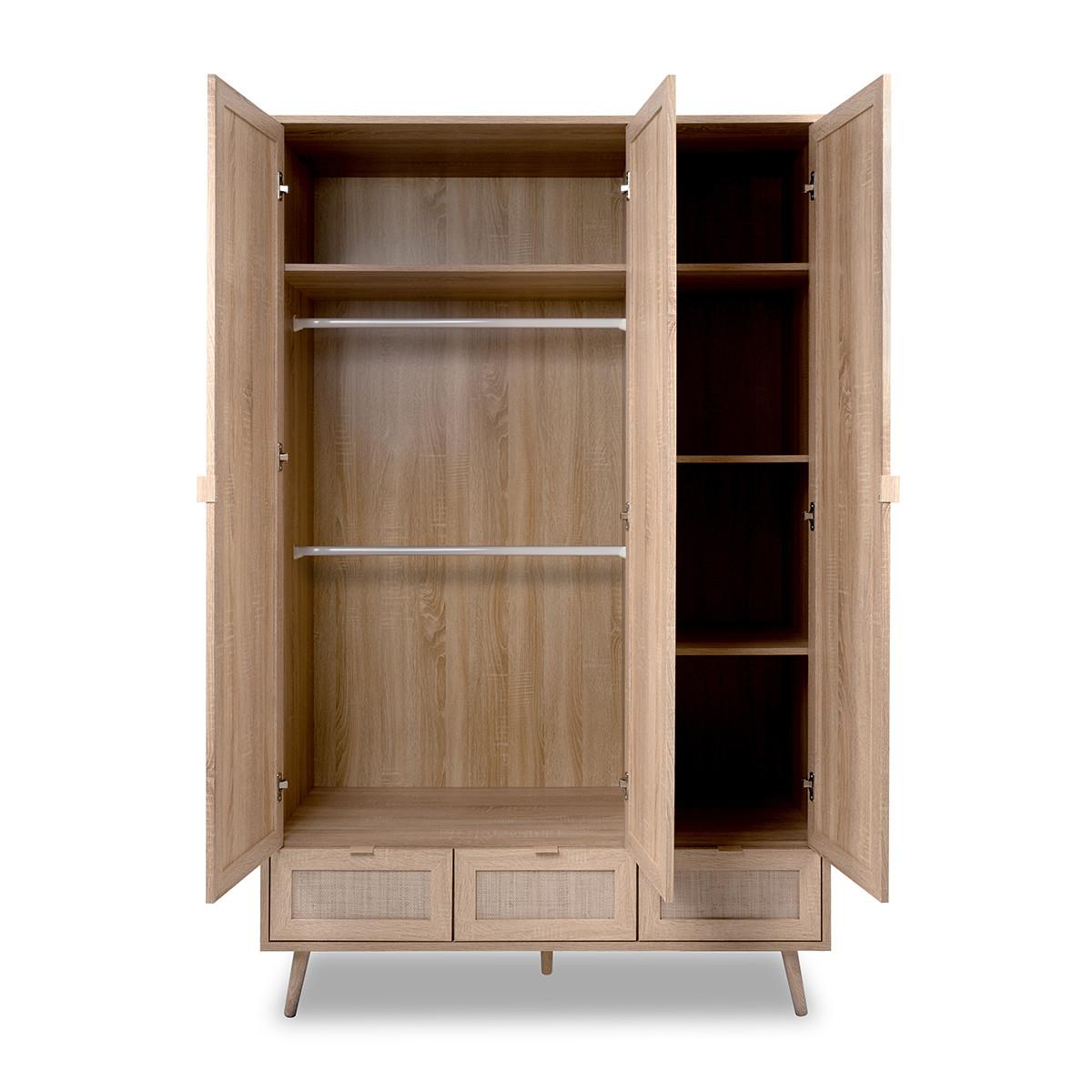 SCHRANK mit 3 Türen, 3 Schubladen, 2 Kleiderstangen L120cm - Rattan-Druck - Bali - Eschefarben, Holzwerkstoff (55/195/5.5cm) - Calicosy
