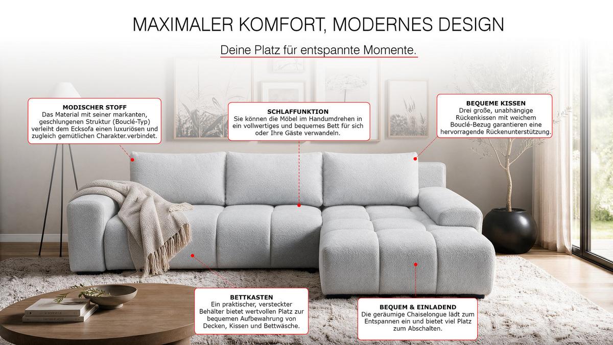 ECKSOFA Ovia mit Bettkasten und Schlaffunktion, Bouclé-Stoff in L-Form - Hellgrau, Textil (270/185cm)