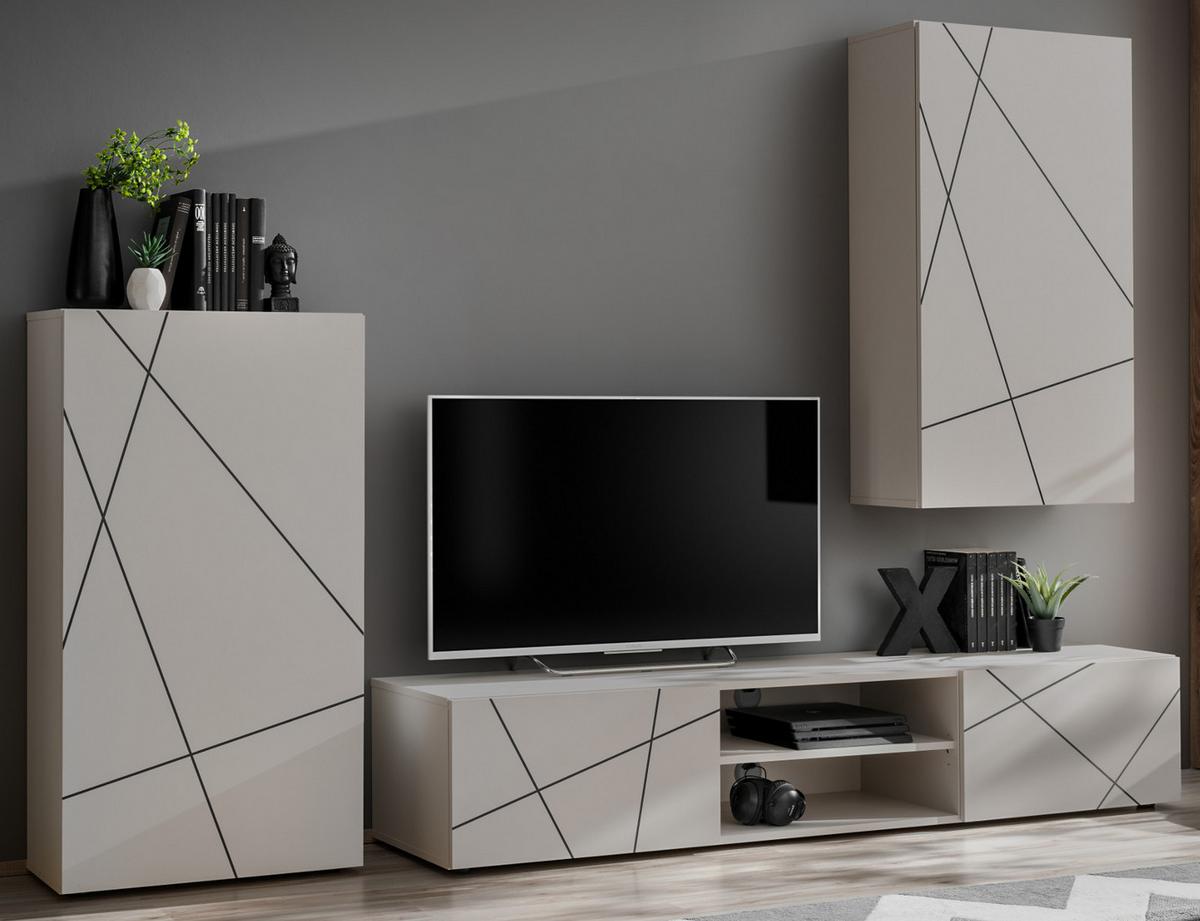 WOHNWAND Kaschmir, schwarz 260 cm, Schrankwand mit Streifendruck, Push-to-Open - Kaschmir/Schwarz, Holzwerkstoff/Kunststoff (260/180/45cm) - Furn.Design