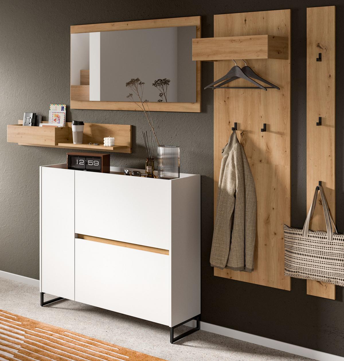 GARDEROBE-SET weiß und Artisan Eiche, Garderobe 5-teilig, 236 x 192 cm, Soft-Close, Borga - Schwarz/Weiß, Holzwerkstoff/Metall (236/192/32cm) - Inn.Furn