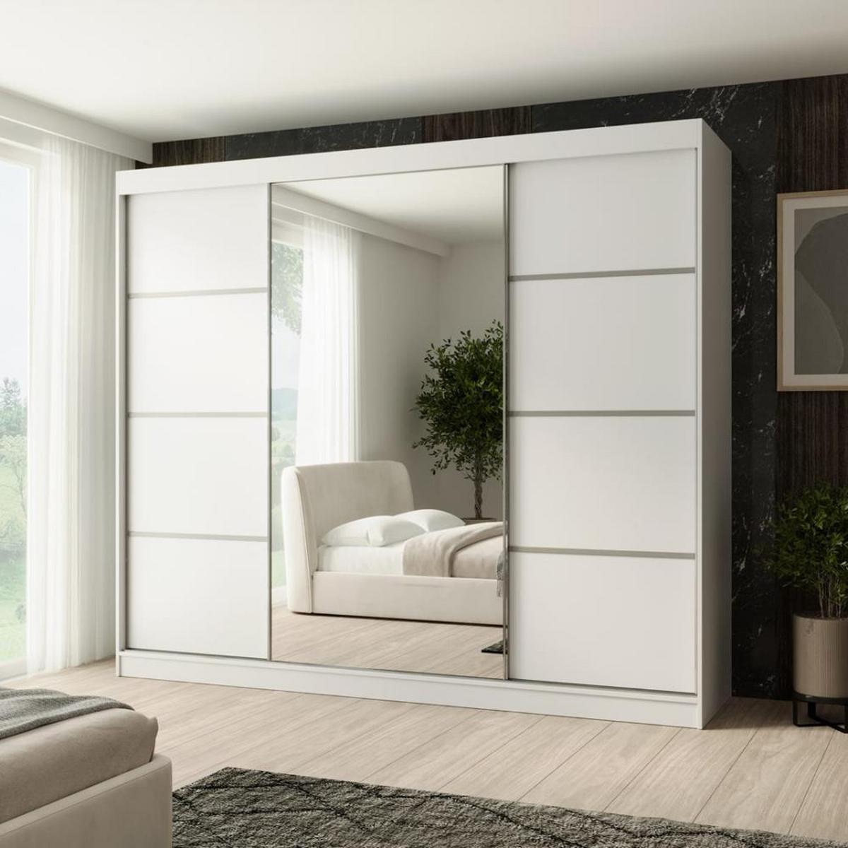 SCHWEBETÜRENSCHRANK Paco 250/215/61 3-türig weiß mit Spiegel - Weiß, Holzwerkstoff (250/215/61cm) - Beautysofa
