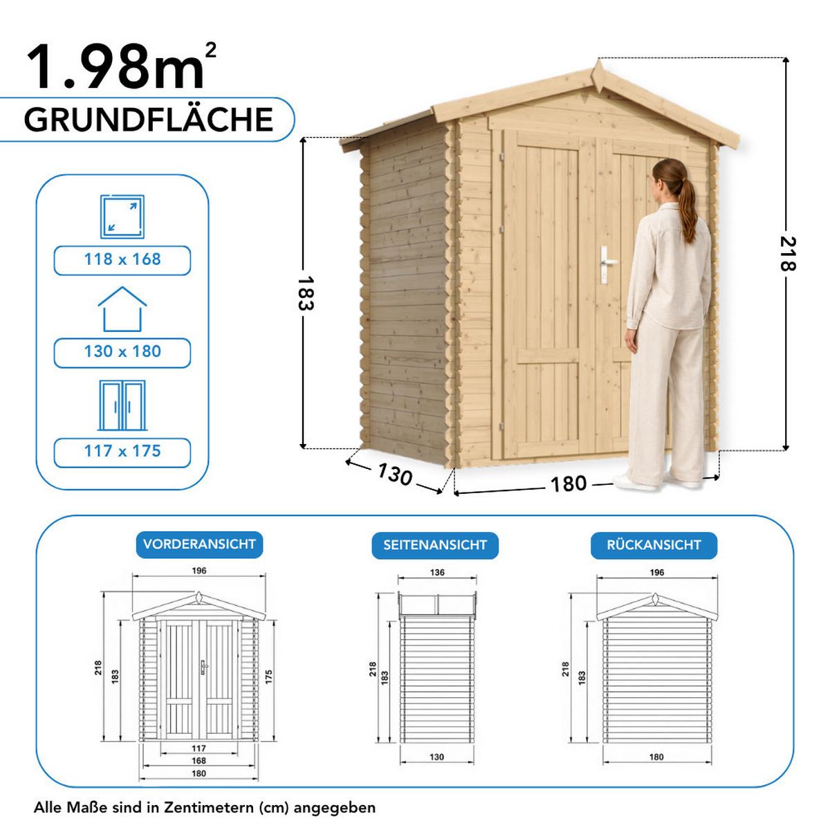 GARTENHAUS HOLZ M367F1 1,98 m² - Naturfarben, Holz (196/218/136cm) - Timbela