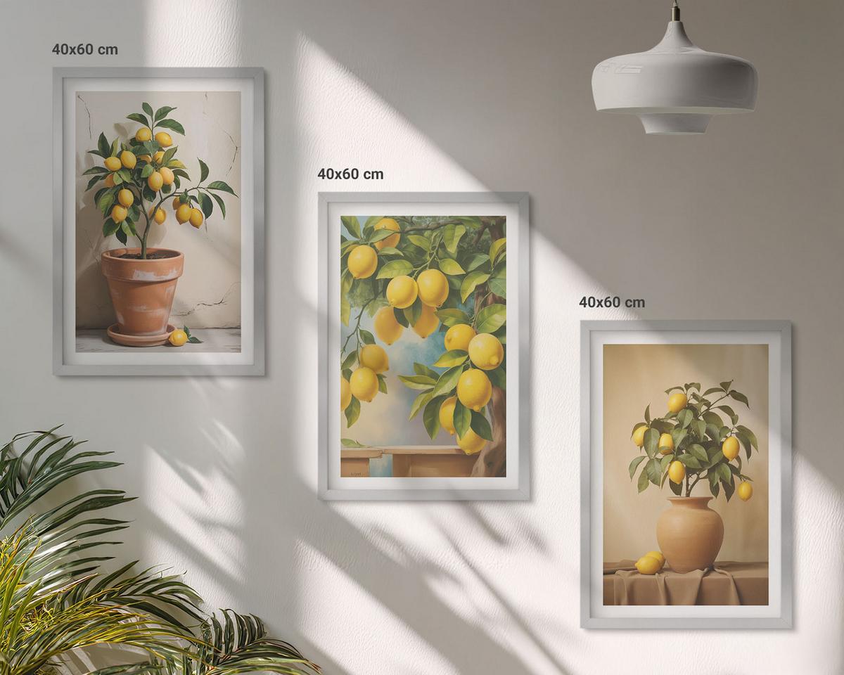 BILDER SET 3er Set - 40x60 cm Silberner Rahmen - Zitronenbäumchen im Topf und in der Vase - Silberfarben, Kunststoff (40/60cm) - TULUP