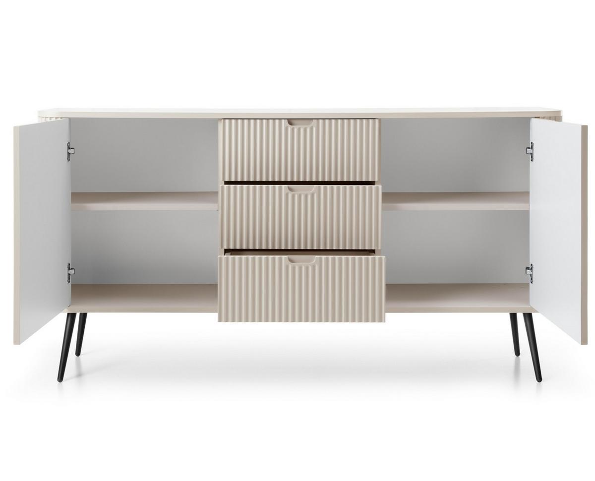 SIDEBOARD Salvia 2T 3S Beige, Schwarz 168/87/39 cm – mit geriffelten Fronten und hohen Beinen - Beige/Schwarz, Holzwerkstoff/Metall (168/87/39cm) - AX Living
