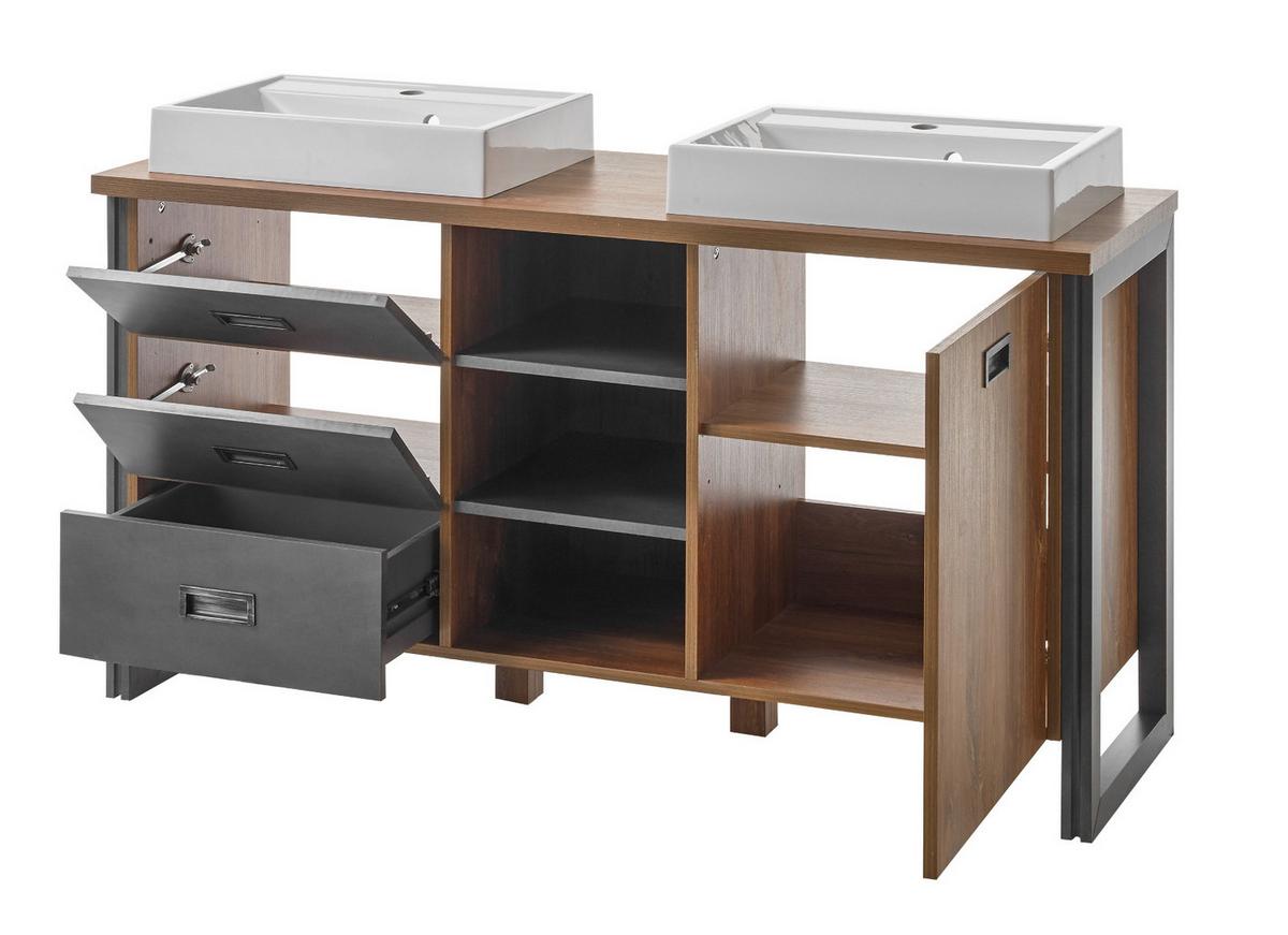 BADMÖBEL-SET 5-teilig Eiche Stirling, Matera grau, Doppelwaschtisch inkl. 2 x Waschbecken 138 x 205 cm Badkombination - Eichefarben/Grau, Holzwerkstoff (138/205/40cm) - Furn.Design