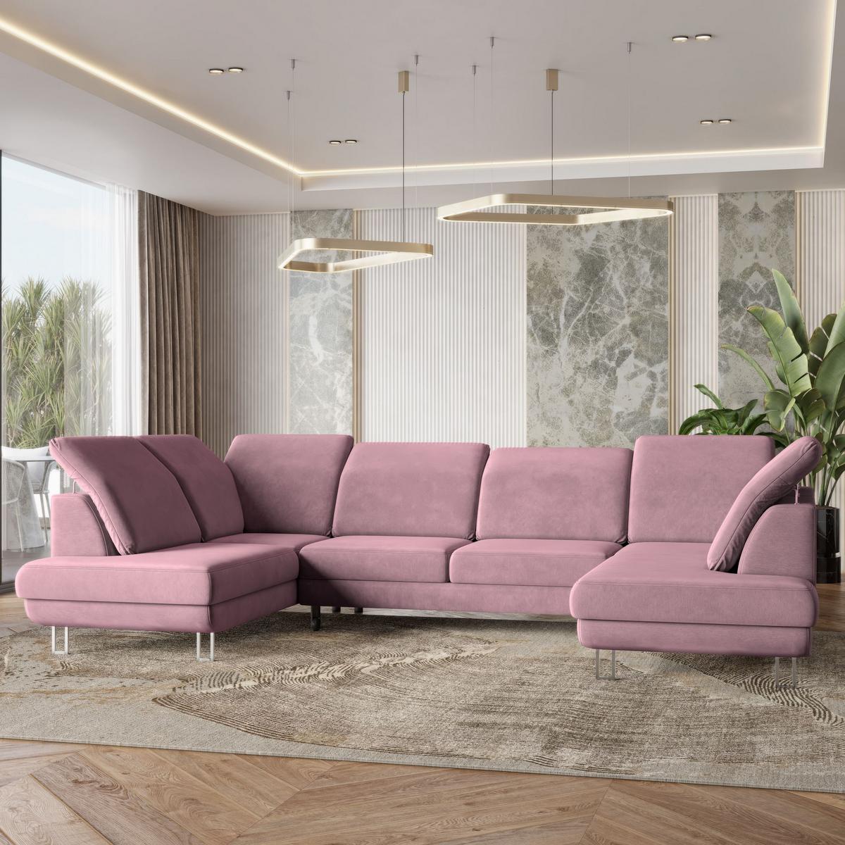 WOHNLANDSCHAFT TERAMO Lila Velours-Stoff mit Schlaffunktion - Lila/Silberfarben, Holz/Textil (316/88/193cm) - MASSENO