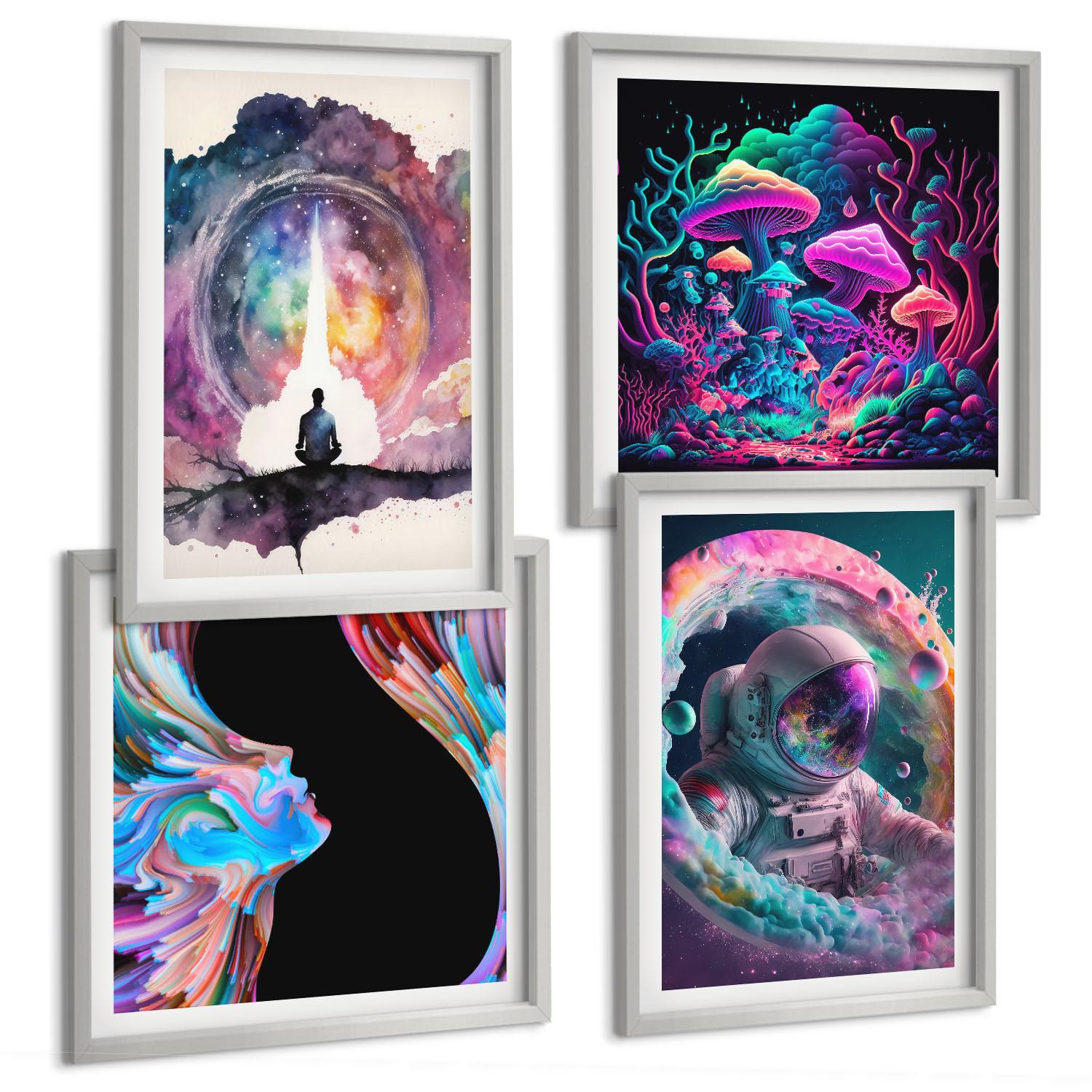 BILDER SET 4er Set - 50x50 cm & 40x60 cm Silberner Rahmen - Farbenfrohe Fantasy-Kunstillustrationen - Silberfarben, Kunststoff (50/50cm) - TULUP