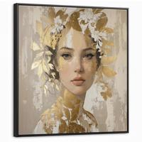 LEINWAND Bilder mit Rahmen - Gesicht - Frau - Blätter - Gold - 90x90 - Beige, Textil (90/90cm) - MuchoWow