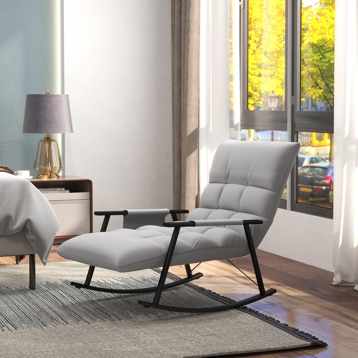 SCHAUKELSTUHL Sessel Relaxsessel mit Fußstütze, Schaukelsessel mit Seitentasche - Grau, Kunststoff (134/70/60cm) - HOMCOM