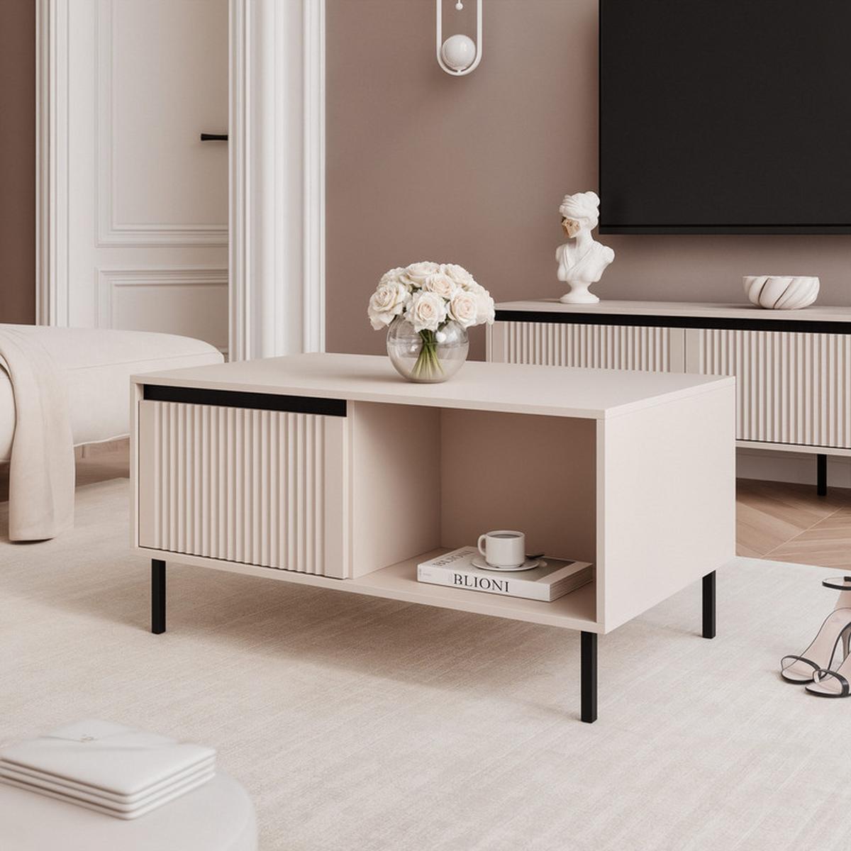 COUCHTISCH LIRA 100/60/50 cm Rechteckig, Sandbeige - Beige/Schwarz, Holzwerkstoff/Metall (60/100/50cm) - Idohome