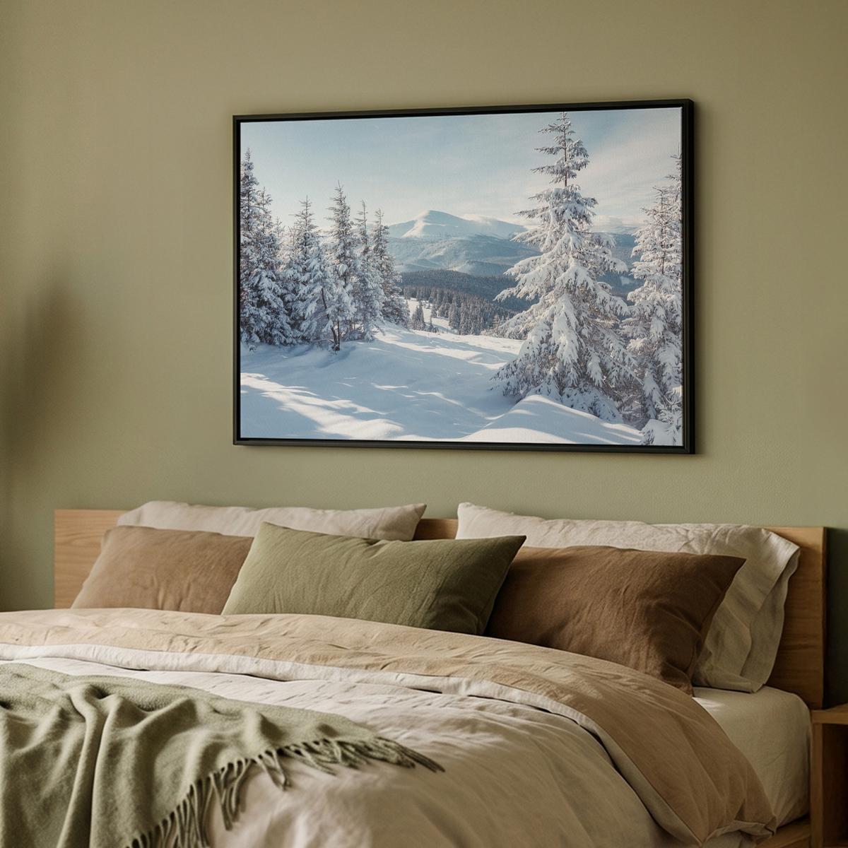 LEINWAND Bilder mit Rahmen - Winterlandschaft - Natur - Berge - Bäume - Schnee - 100x70 - Hellblau, Textil (100/70cm) - MuchoWow