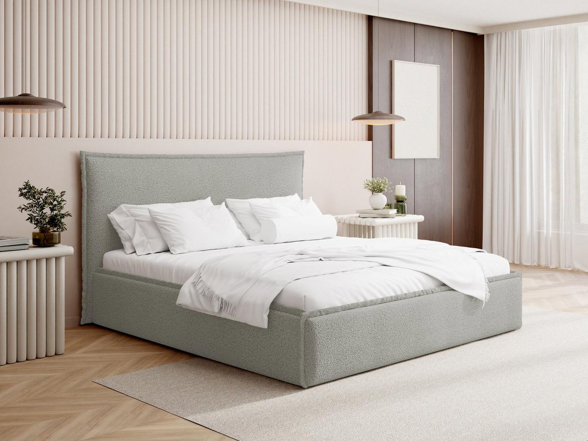 POLSTERBETT Pillow mit Bettkasten, Metall-Lattenrost und hohem Kopfteil - Hellgrau Bouclé 120x200 cm - Birkefarben/Hellgrau, Holz/Kunststoff (120/200cm) - WFL GROUP