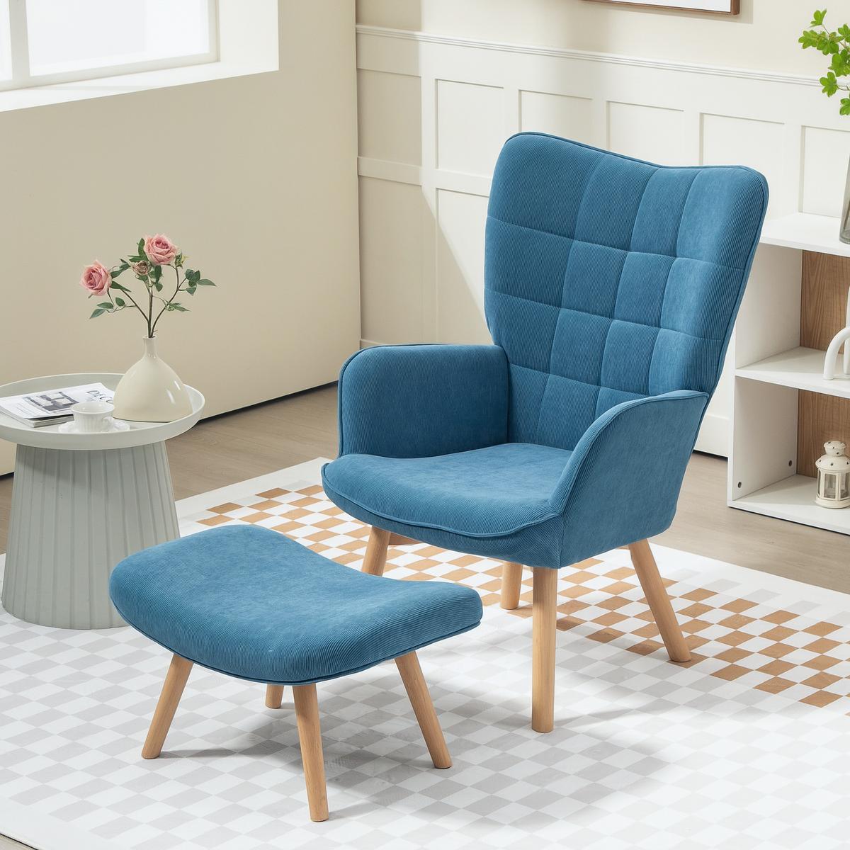 SESSEL mit Hocker, Ohrensessel mit Hoher Rückenlehne, Holzbeine, Cord, Blau - Blau/Buchefarben, Buchenholz/Textil (80/101/72cm) - HOMCOM