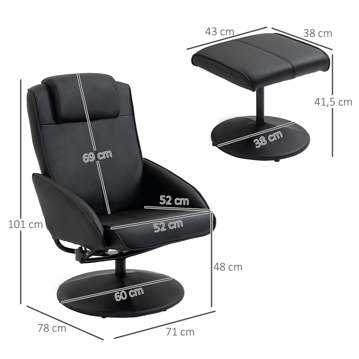 RELAXSESSEL Sessel Fernsehsessel mit Fußstütze Armsessel 360° drehbar Schwarz - Schwarz, Leder/Kunststoff (67/98/78cm) - HOMCOM
