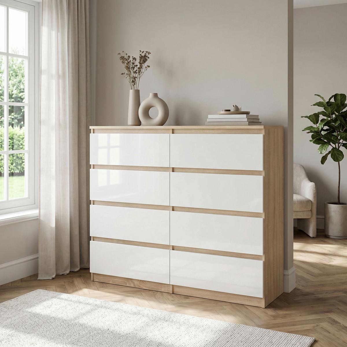 KOMMODE NUDO 120/101,5/39cm mit 8 Schubladen Türen Sonoma Eiche - Weiß/Sonoma Eiche, Holzwerkstoff (120/101.5/39cm) - MASSENO