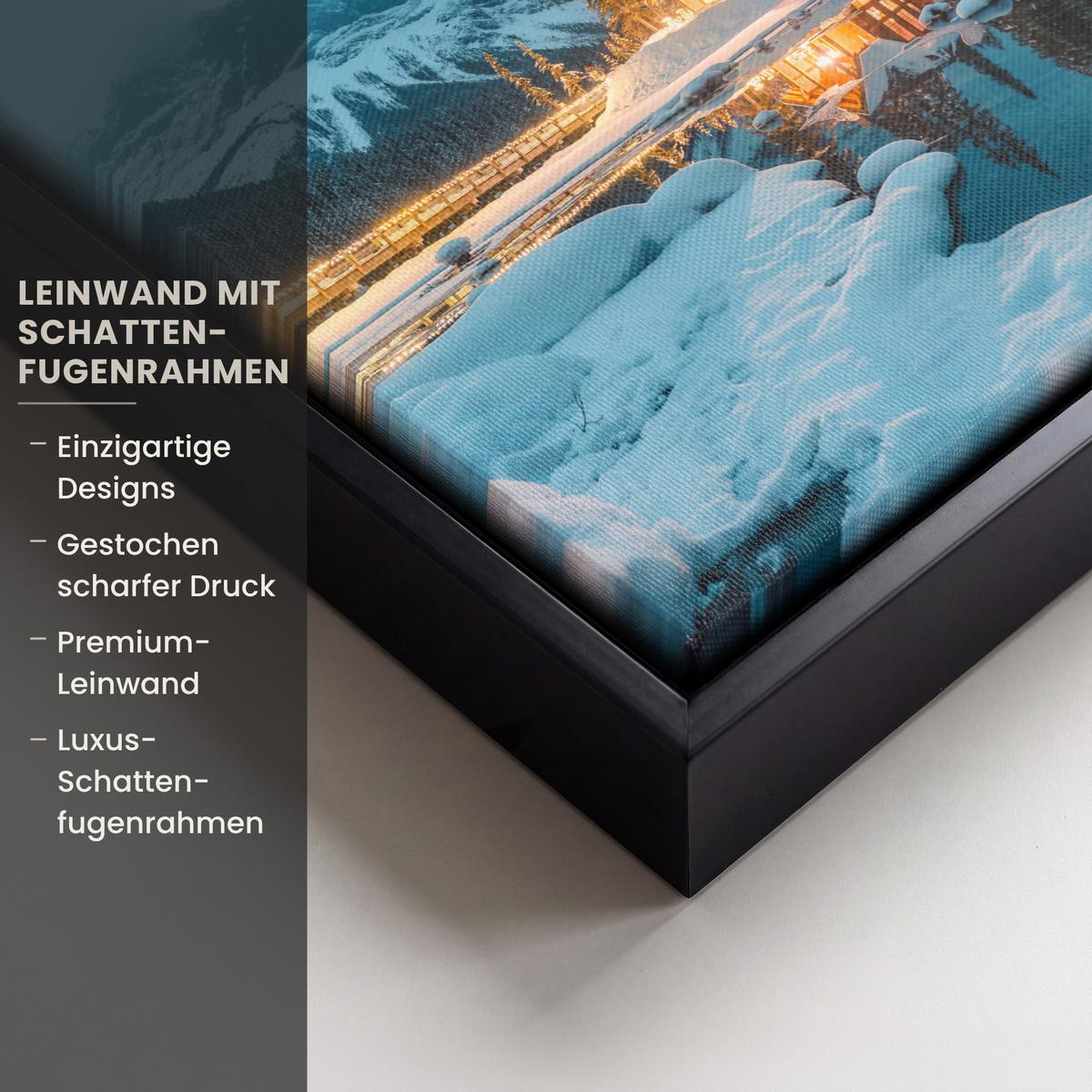 LEINWAND Bilder mit Rahmen - Winterlandschaft - Natur - Haus - Berge - Schnee - 20x20 - Hellblau, Textil (20/20cm) - MuchoWow