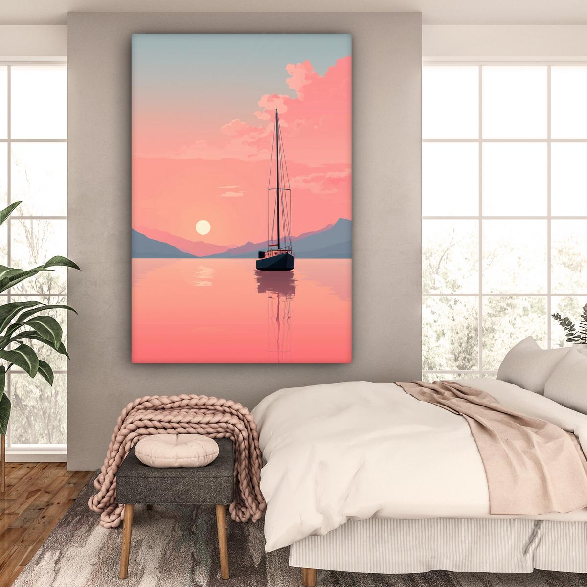 LEINWANDBILD Segelboot - Rosa Meer - Sonnenuntergang - Berge Deko Groß 90x140 cm - Rosa, Textil (90/140cm) - MuchoWow