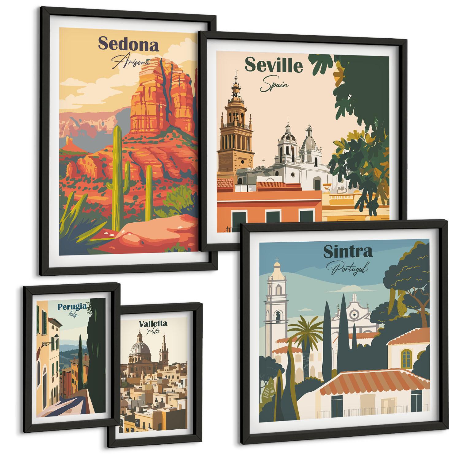 BILDER SET 5er Set - 50x50 cm & 20x30 cm & 40x60 cm Schwarzer Rahmen - Illustrationen von Küstenstädten - Schwarz, Kunststoff (40/60cm) - TULUP