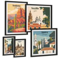 BILDER SET 5er Set - 50x50 cm & 20x30 cm & 40x60 cm Schwarzer Rahmen - Illustrationen von Küstenstädten - Schwarz, Kunststoff (40/60cm) - TULUP
