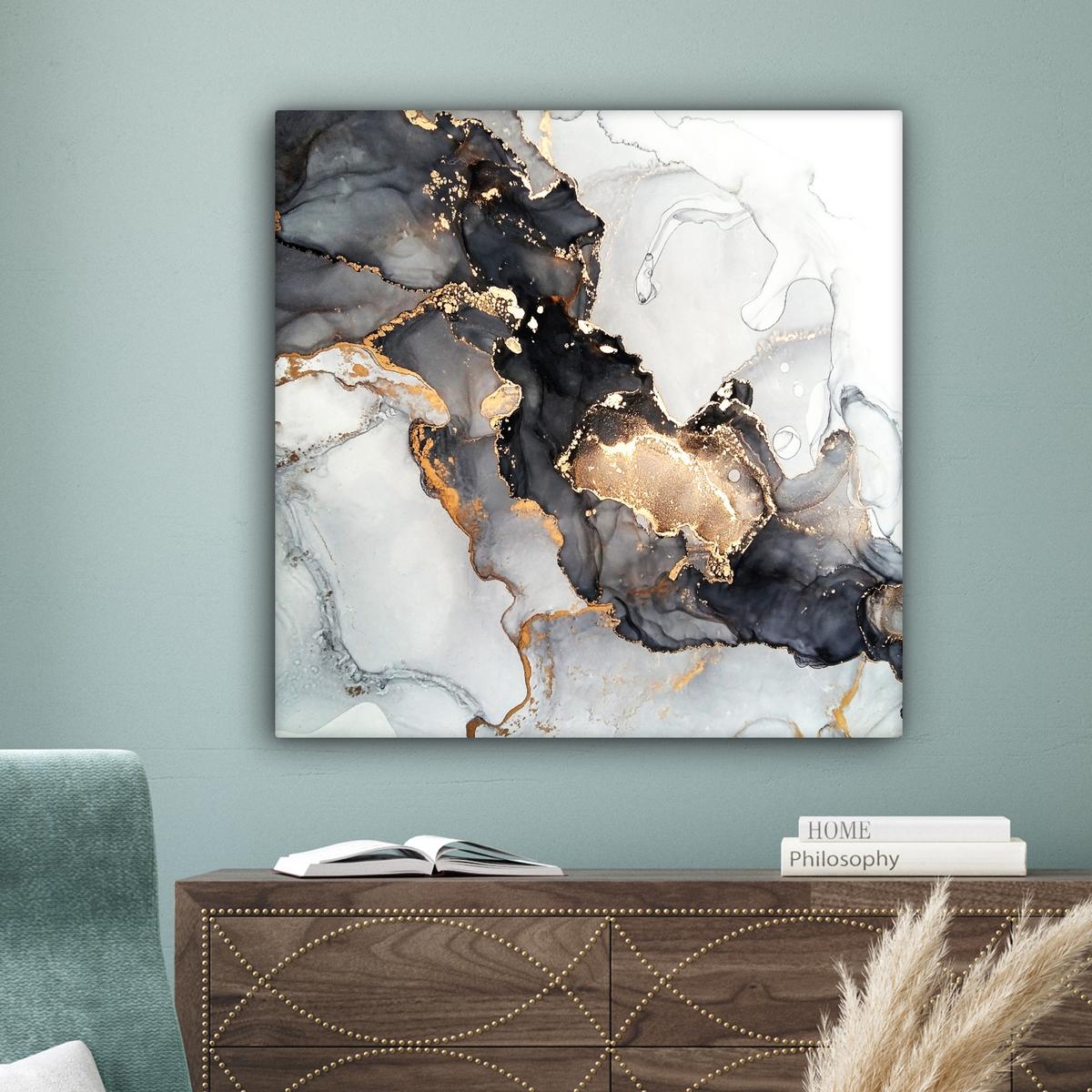 LEINWANDBILD Marmor - Schwarz - Weiß - Gold - Luxus - Abstrakt Deko Groß 90x90 cm - Goldfarben, Textil (90/90cm) - MuchoWow