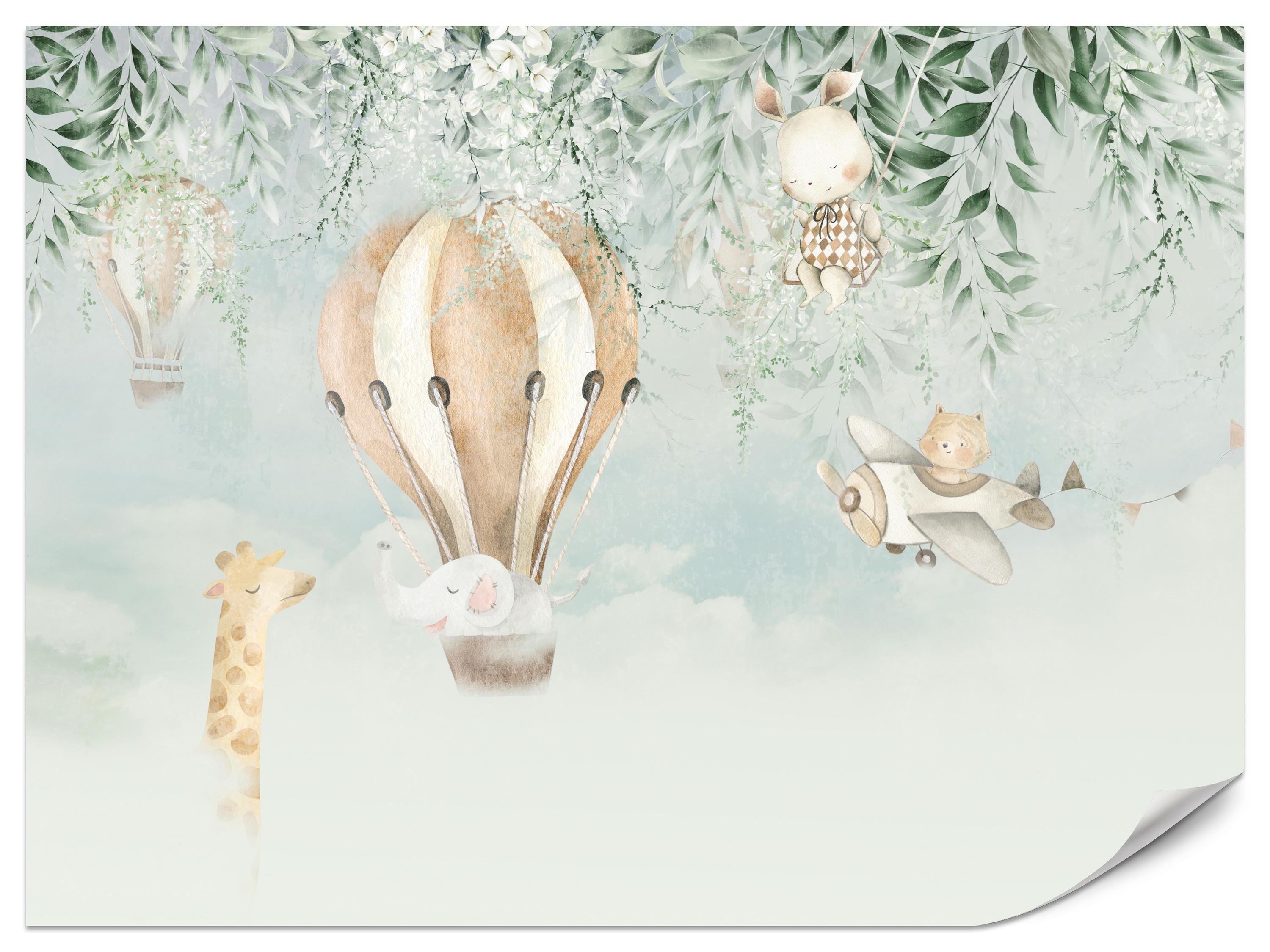 FOTOTAPETE für Kinderzimmer Tiere Wolken Ballons Giraffe Elefant 100x70 - Beige/Braun, Papier (100/70cm) - Muralo