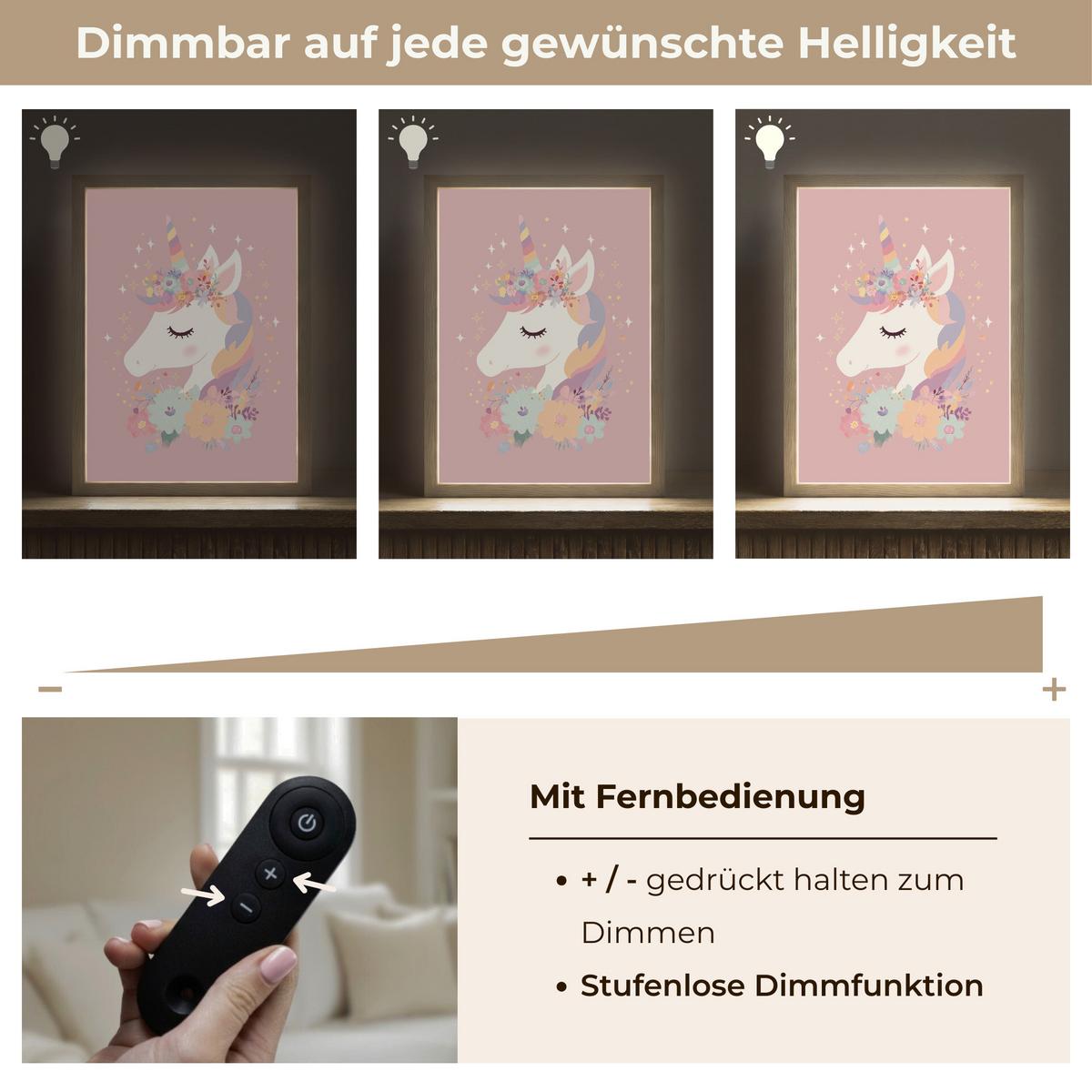 WANDLEUCHTE MIT AKKU Einhorn - Rosa - Blumen 30x40 cm - Rosa, Holzwerkstoff (30/40/8cm) - OnlyWow