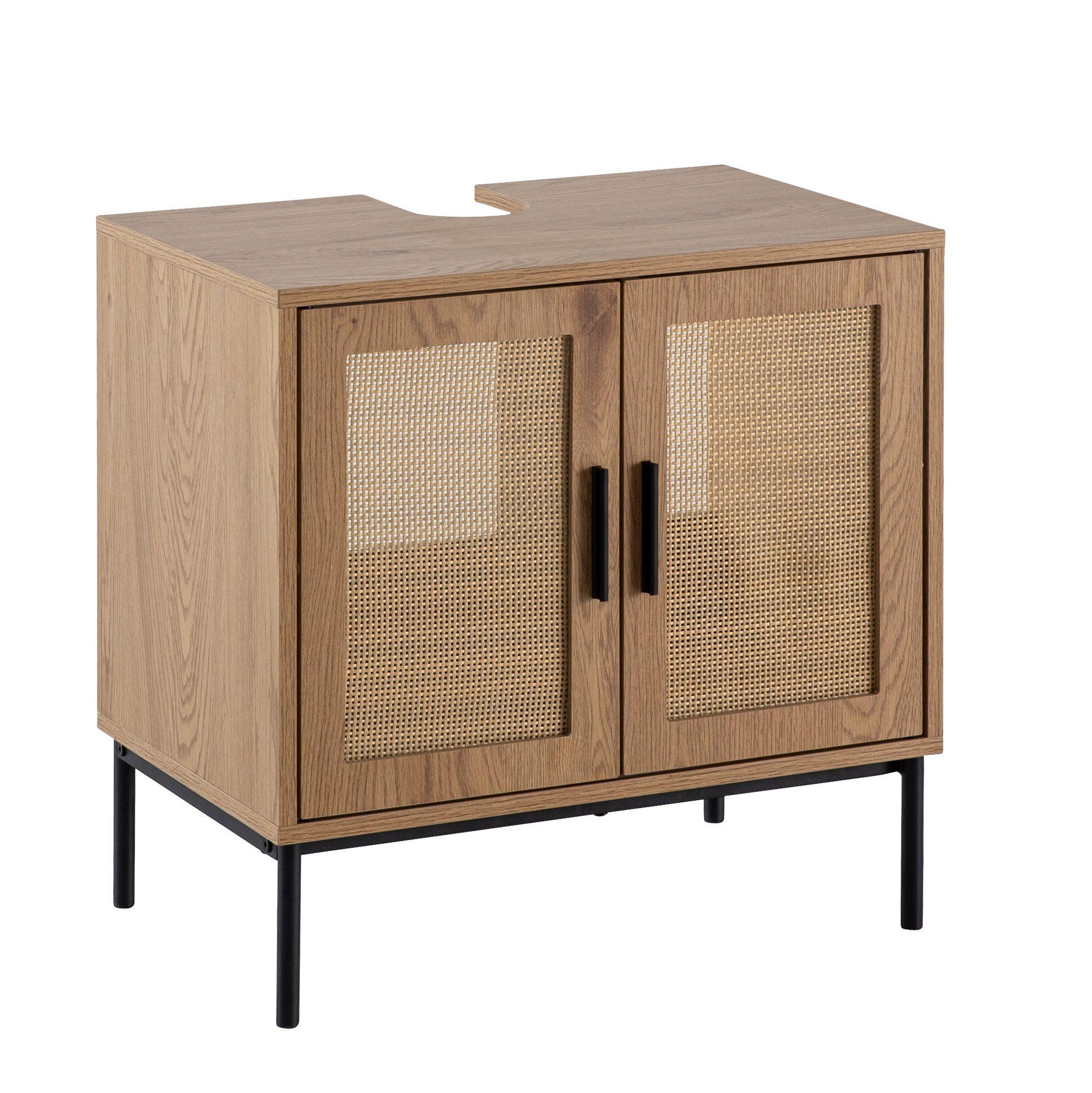 WASCHBECKENUNTERSCHRANK Eiche-Optik 60x60x40 cm mit Türen und Rattangeflecht - Schwarz/Braun, Holzwerkstoff/Metall (60/60/40cm) - KADIMA DESIGN
