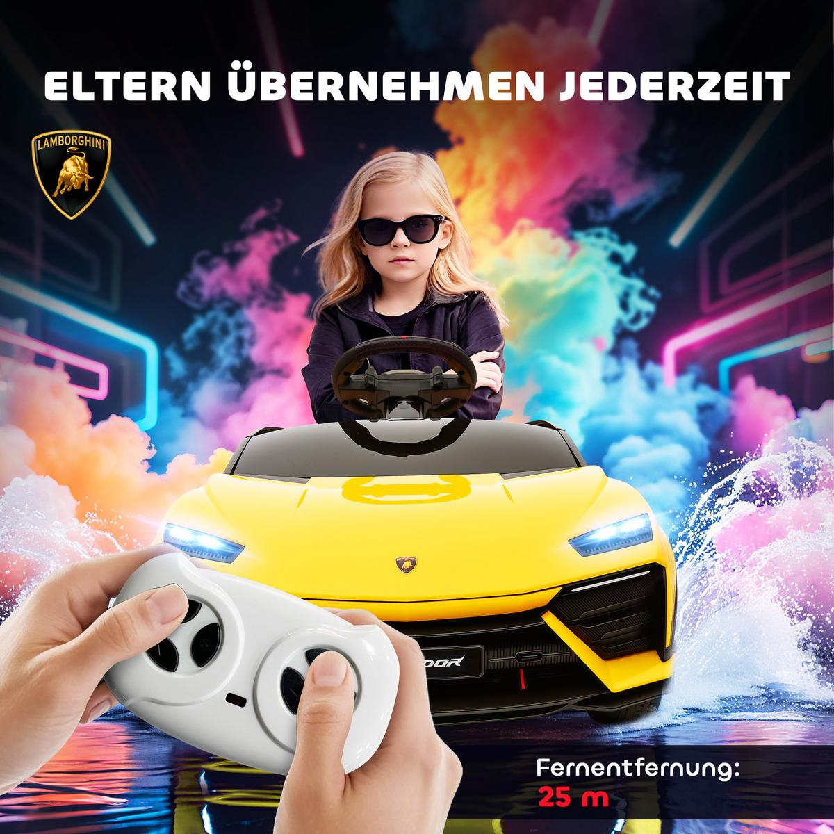 KINDER-ELEKTROAUTO 12V Kinderauto mit 2,4 GHz Fernbedienung, 2 Motor LED, Musik - Gelb, Kunststoff (101.5/49/43cm) - AIYAPLAY