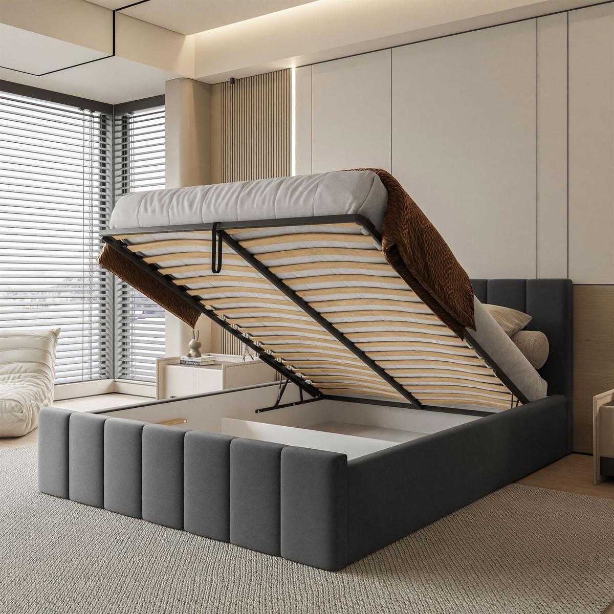 POLSTERBETT ELISE 90x200 cm Jasmine 96, Kopfteil 95 cm, 17 Holzlatten - Grau, Textil (90/200cm) - Lookway