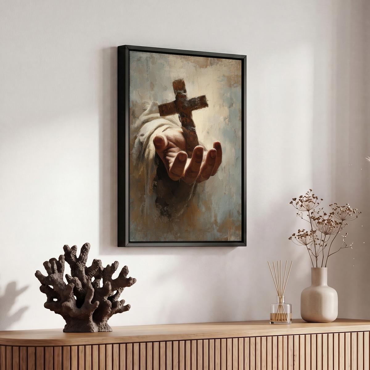 LEINWAND Bilder mit Rahmen - Abstrakt - Kreuz - Hand - Christentum - 20x30 - Hellbraun, Textil (20/30cm) - MuchoWow