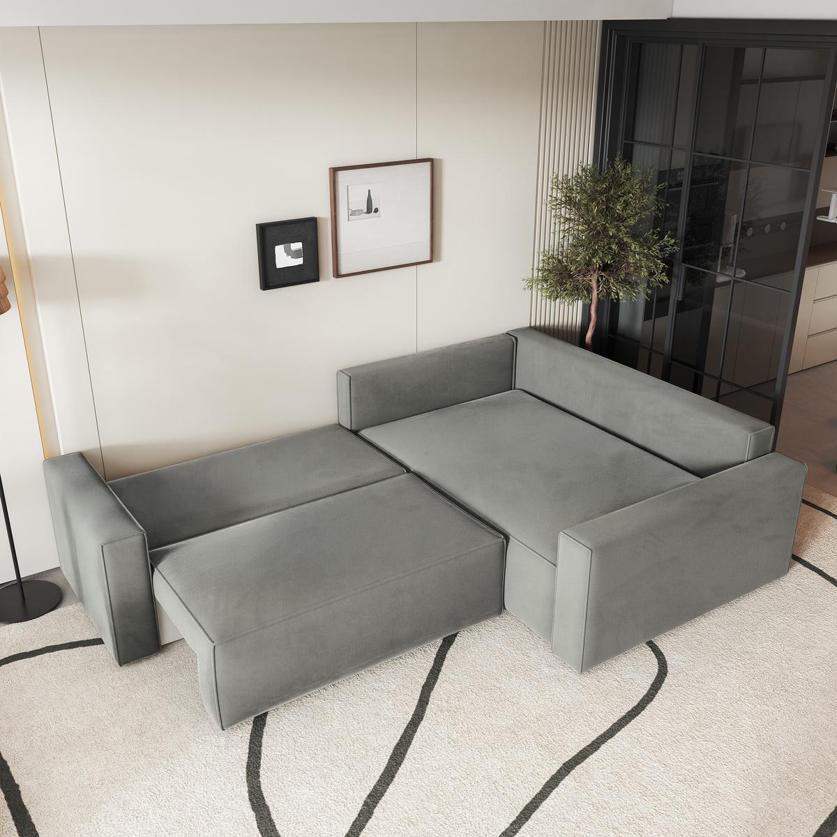 ECKSOFA ERONIS R-S Hellgrau Velours-Stoff mit Schlaffunktion - Hellgrau, Holz (265/194cm) - MASSENO