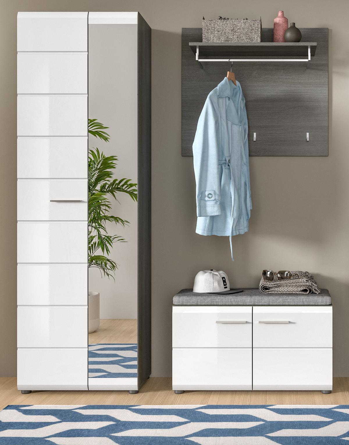 GARDEROBE Set 3-teilig weiß Hochglanz, grau 155 cm, Komplettset mit viel Stauraum - Weiß Hochglanz/Silberfarben, Glas/Holzwerkstoff (155/192/37cm) - Inn.Furn