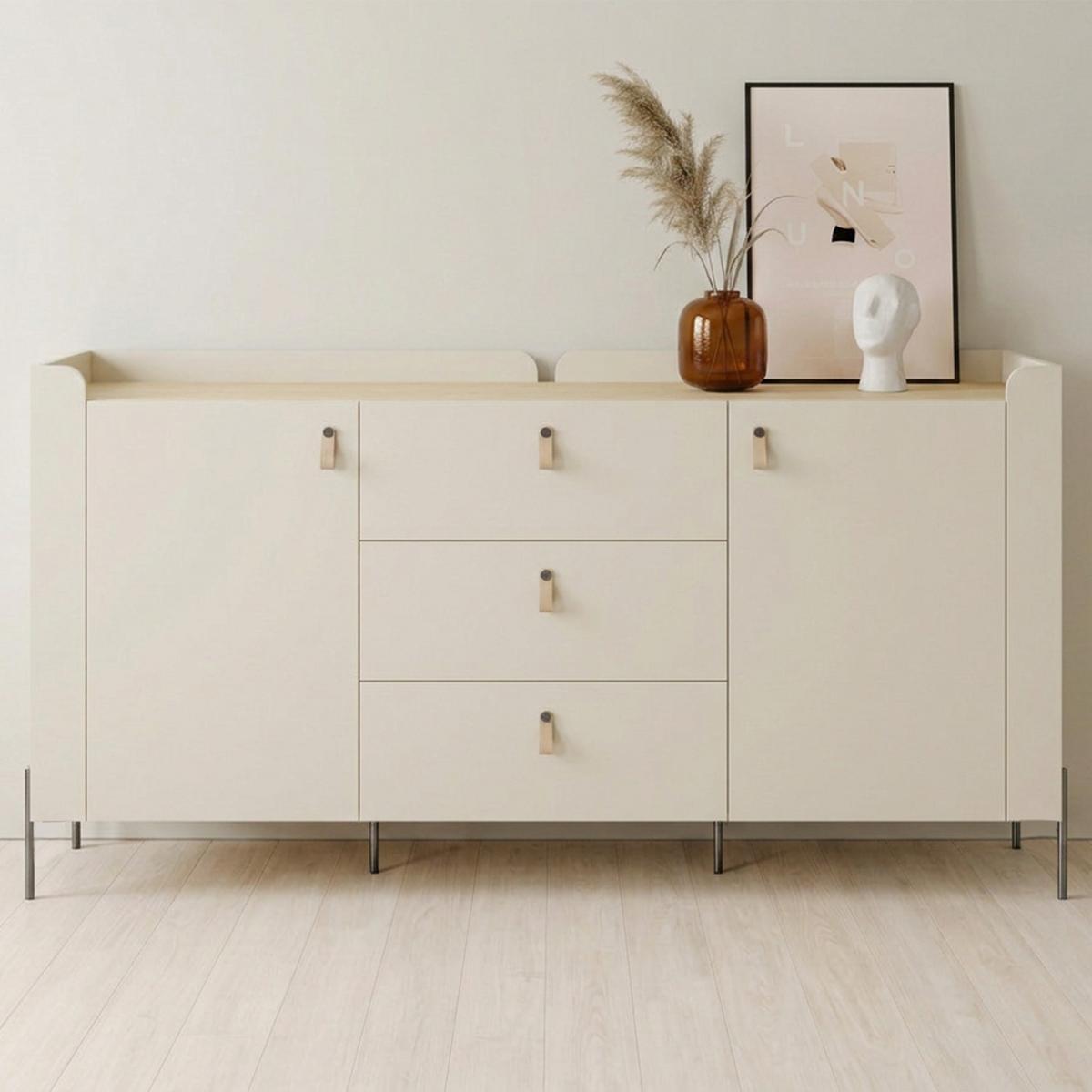 KOMMODE Sorella mit 2 Türen und 3 Schubladen, 180 cm, für Jugendzimmer, Macadamia + Eiche Mavelie - Eichefarben/Beige, Leder/Holzwerkstoff (180/95/42cm) - Beautysofa