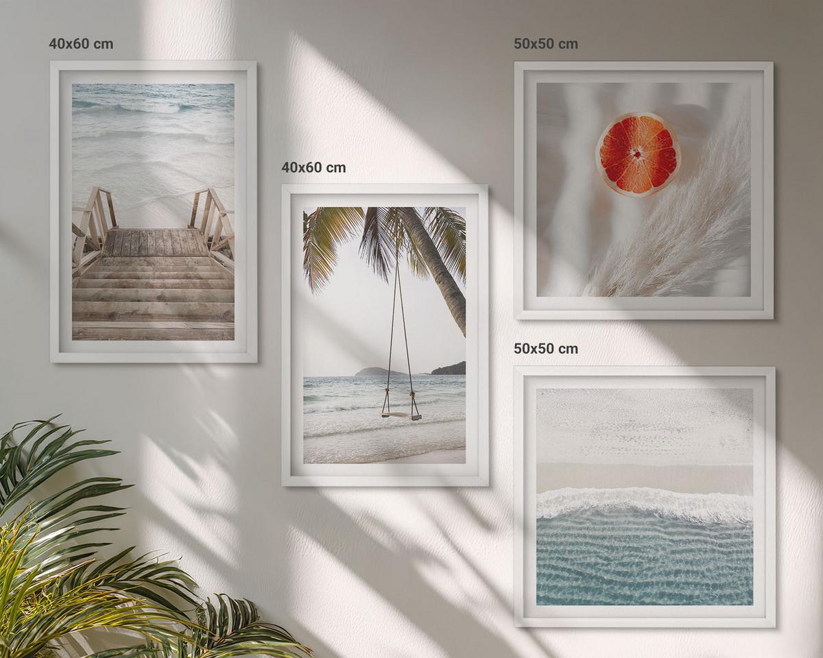 BILDER SET 4er Set - 50x50 cm & 40x60 cm Weißer Rahmen - Strandatmosphäre dank hölzerner Treppen. - Weiß, Kunststoff (50/50cm) - TULUP