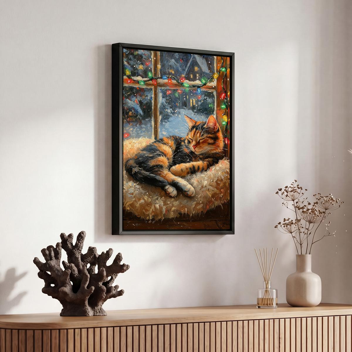 LEINWAND Bilder mit Rahmen - Katze - Weihnachten - Winter - Tier - 20x30 - Bernsteinfarben, Textil (20/30cm) - MuchoWow