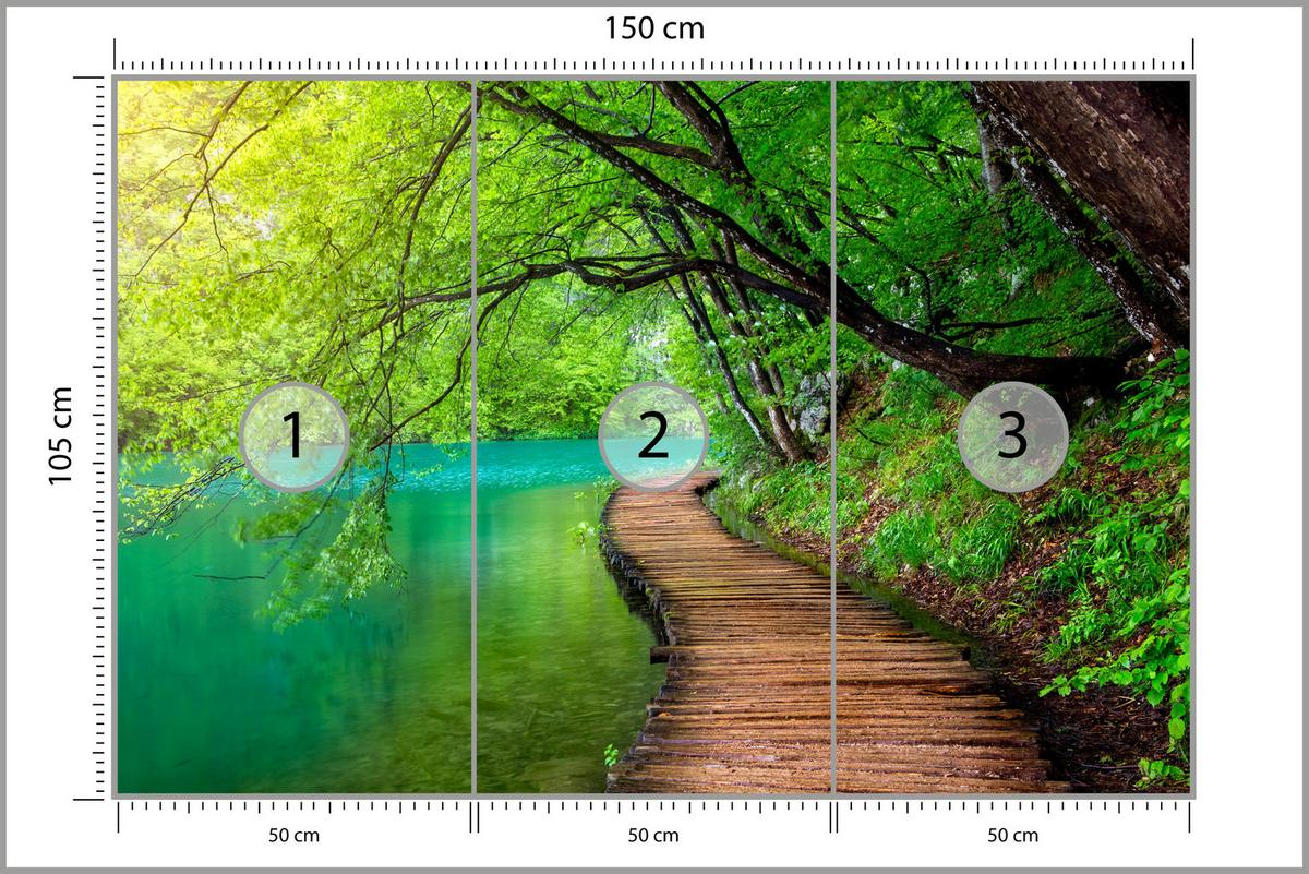 FOTOTAPETE für Wohnzimmer Holzsteg See Bäume Pflanzen Natur 150x105 - Türkis/Braun, Papier (150/105cm) - Muralo
