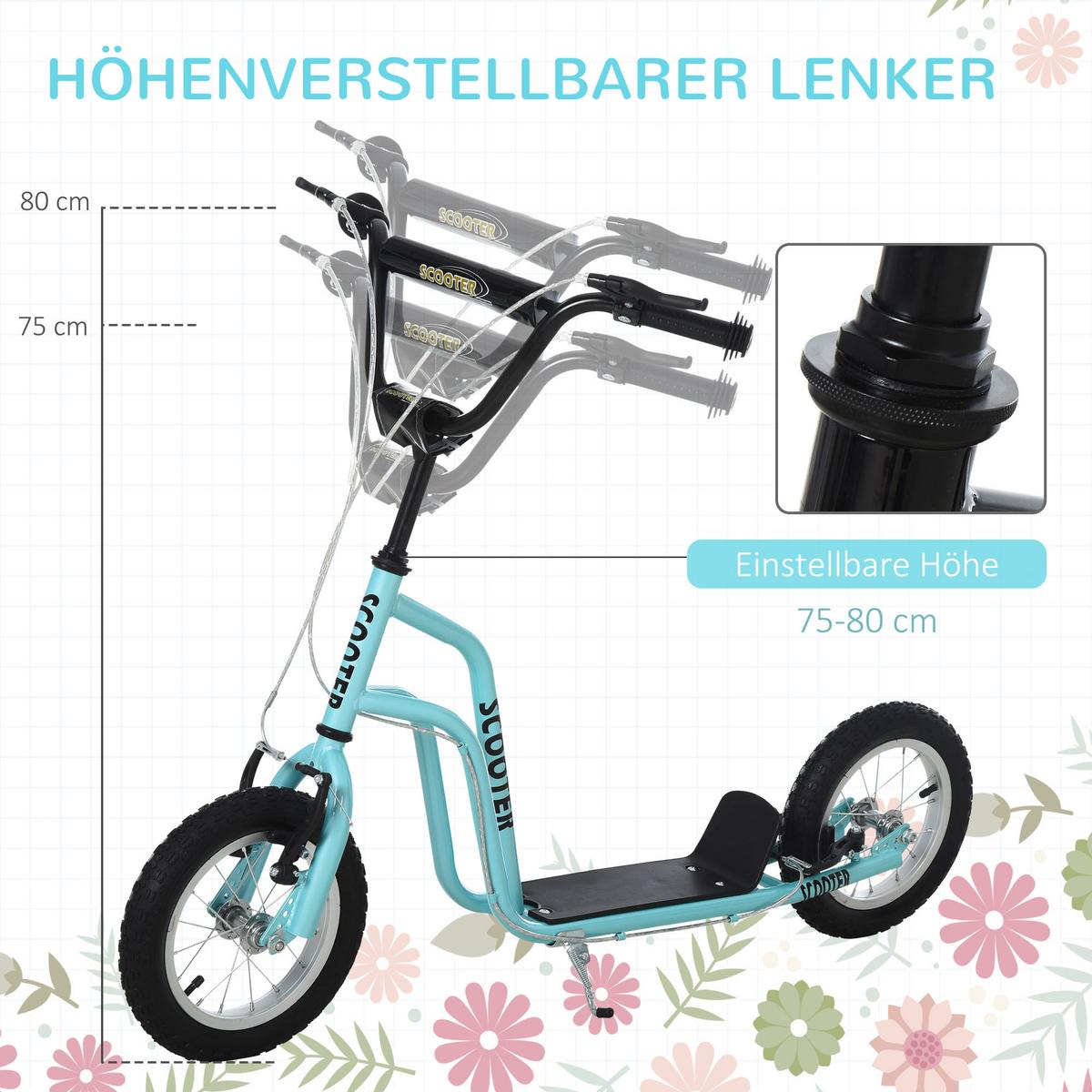 KINDERROLLER Lenker Verstellbar Tretroller mit Luftreifen 12 Zoll Blau - Blau, Metall (120/58/80cm) - HOMCOM