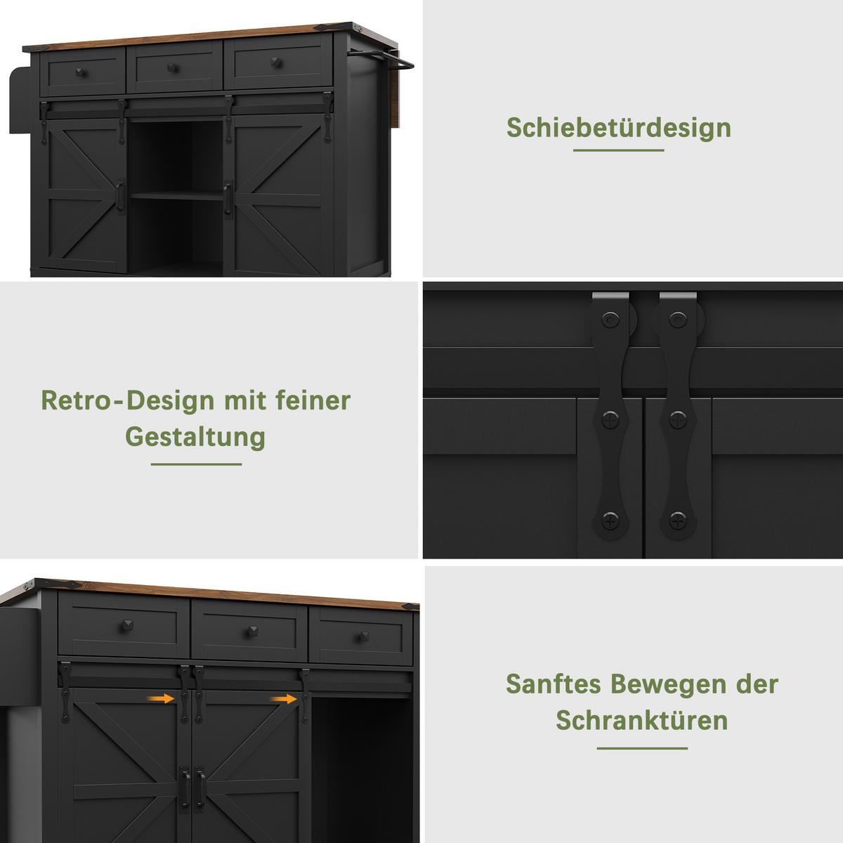 KÜCHENINSEL Schwarz mit Klapptisch, Schiebetüren & Rollen - Schwarz, Holzwerkstoff (140/94/45cm) - Urban Meuble