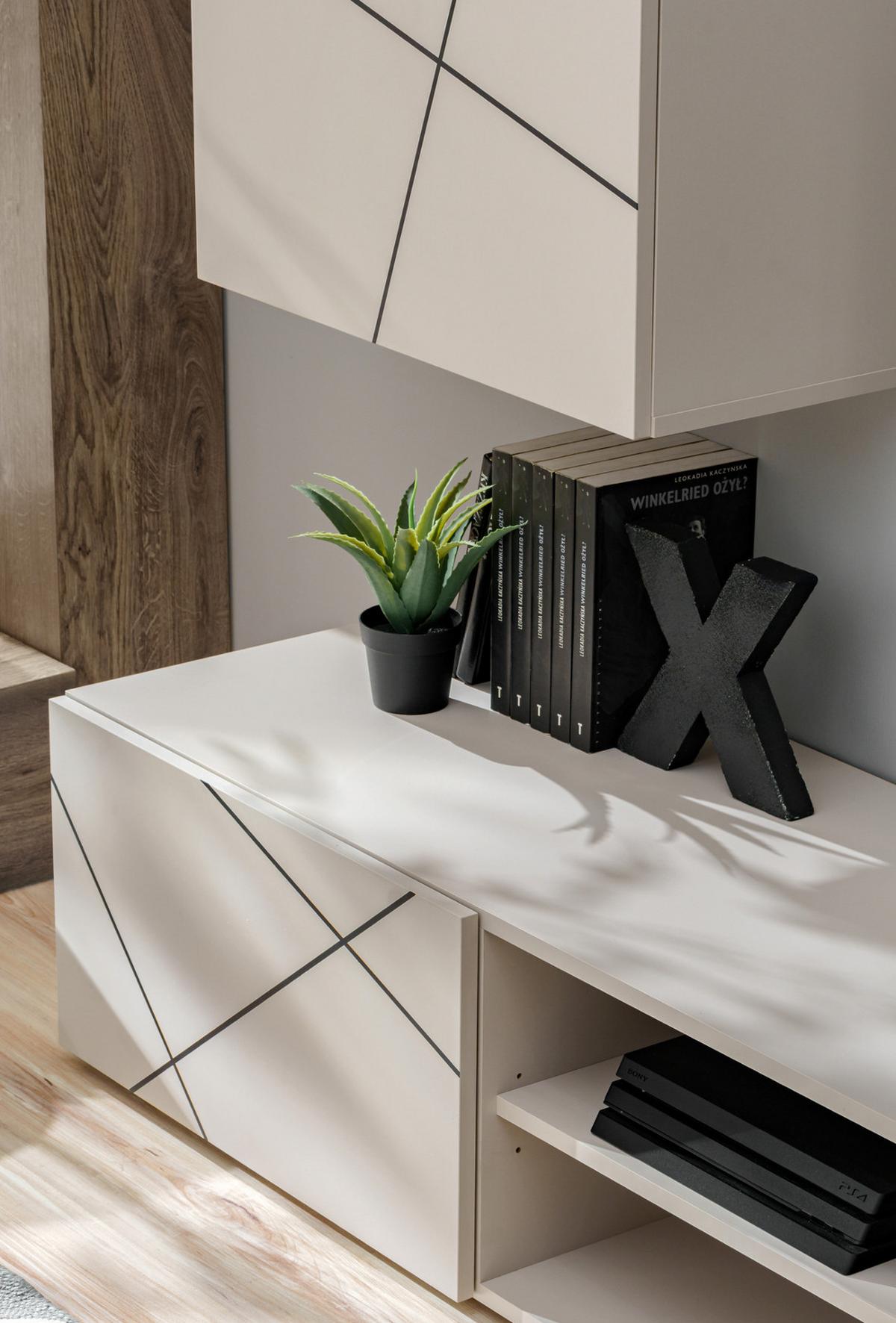WOHNWAND Kaschmir, schwarz 260 cm, Schrankwand mit Streifendruck, Push-to-Open - Kaschmir/Schwarz, Holzwerkstoff/Kunststoff (260/180/45cm) - Furn.Design