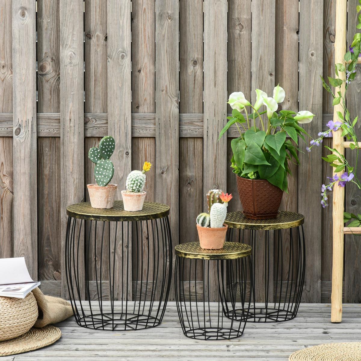 BEISTELLTISCH Metall, Gartentisch rund, Schwarz - Schwarz, Metall (38/38/41cm) - Outsunny