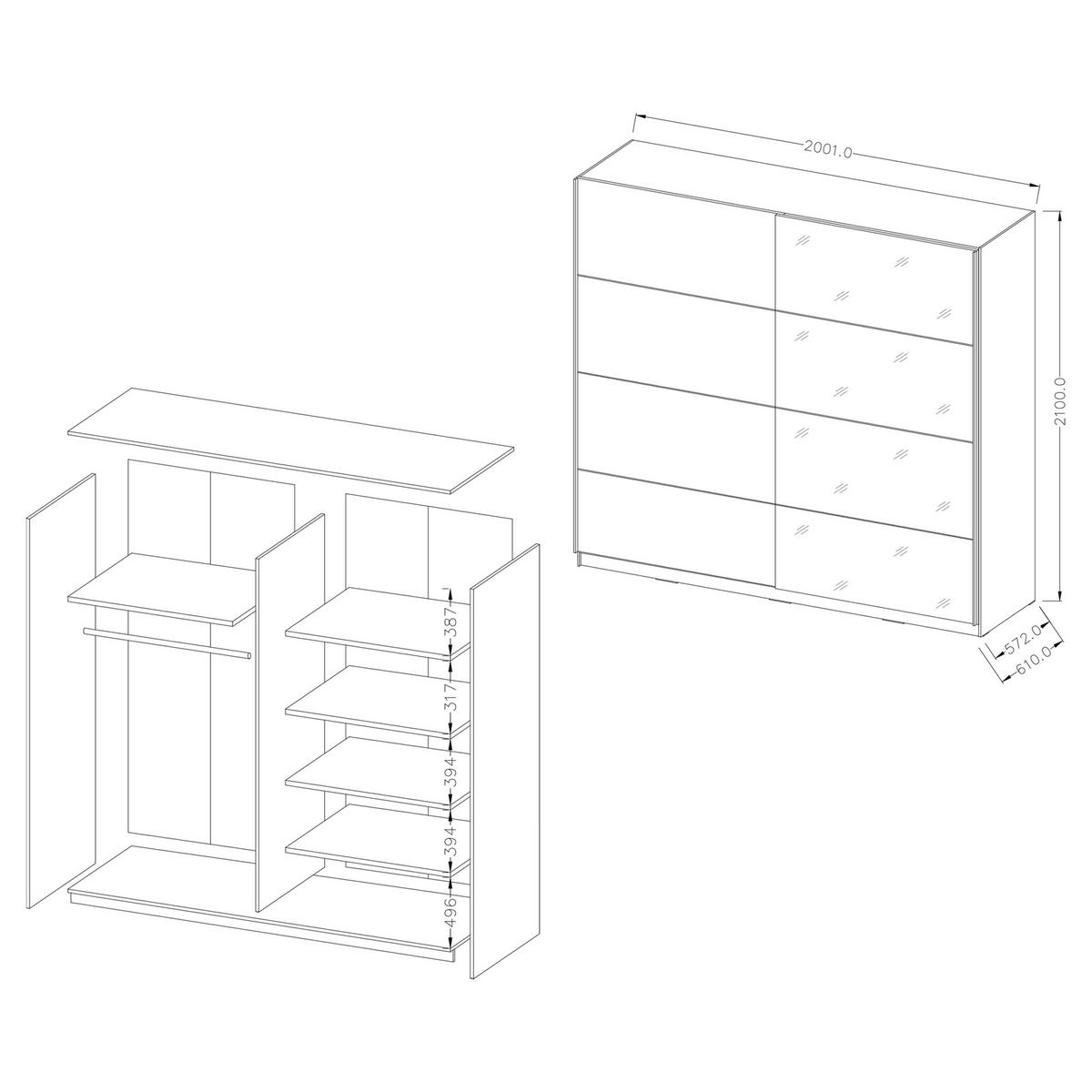 SCHWEBETÜRENSCHRANK BETTINA 200/210/61 cm 2-türig mit Spiegel Weiß - Weiß, Holzwerkstoff (200/210/61cm) - MASSENO