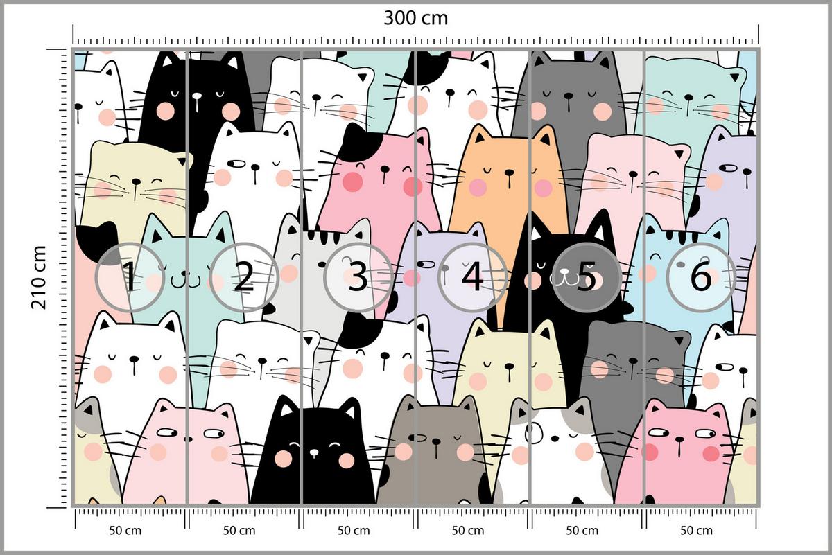 FOTOTAPETE für Kinderzimmer Bunte Katzen Cartoon Abstraktion 300x210 - Blau/Gelb, Papier (300/210cm) - Muralo
